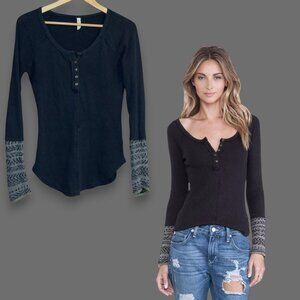 Free People Black Long Sleeve Top with Gray Patterned Cuffs
